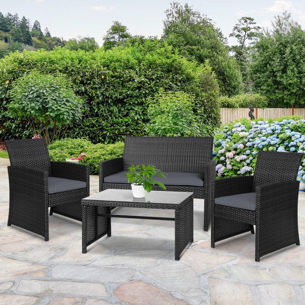 Gardeon Rattan Furniture Outdoor Lounge Setting Wicker Dining Set w/Storage Cover Black - Outdoor Immersion