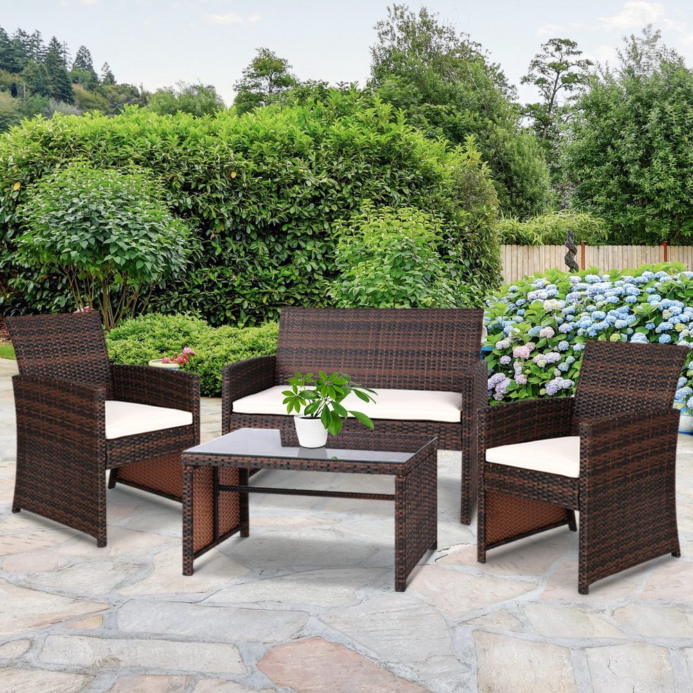 Gardeon Rattan Furniture Outdoor Lounge Setting Wicker Dining Set w/Storage Cover Brown - Outdoor Immersion
