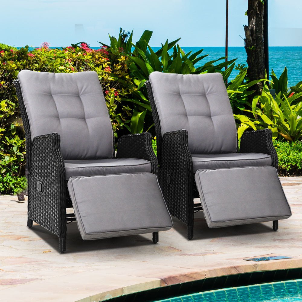 Gardeon Set of 2 Recliner Chairs Sun lounge Outdoor Furniture Setting Patio Wicker Sofa Black - Outdoor Immersion