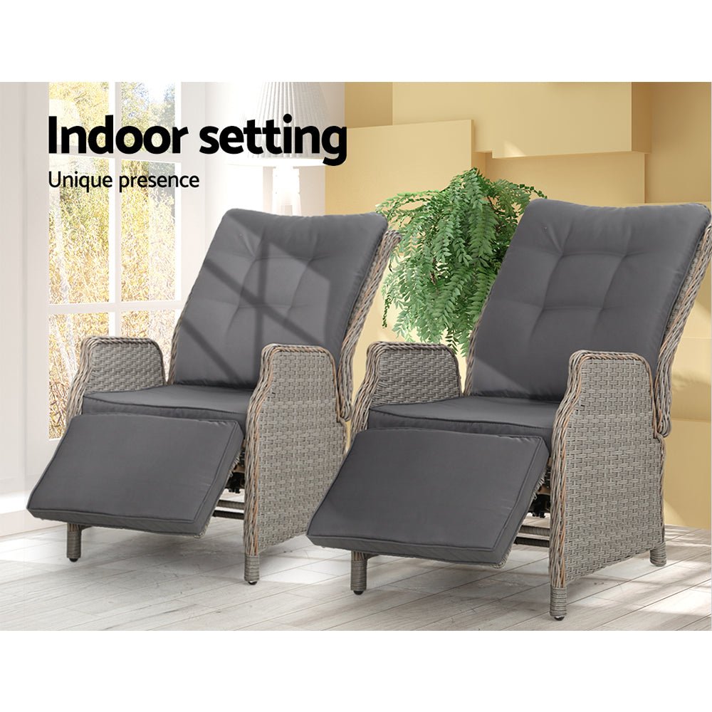 Gardeon Set of 2 Recliner Chairs Sun lounge Outdoor Furniture Setting Patio Wicker Sofa Grey - Outdoor Immersion