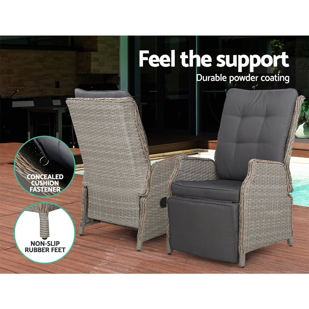 Gardeon Set of 2 Recliner Chairs Sun lounge Outdoor Furniture Setting Patio Wicker Sofa Grey - Outdoor Immersion