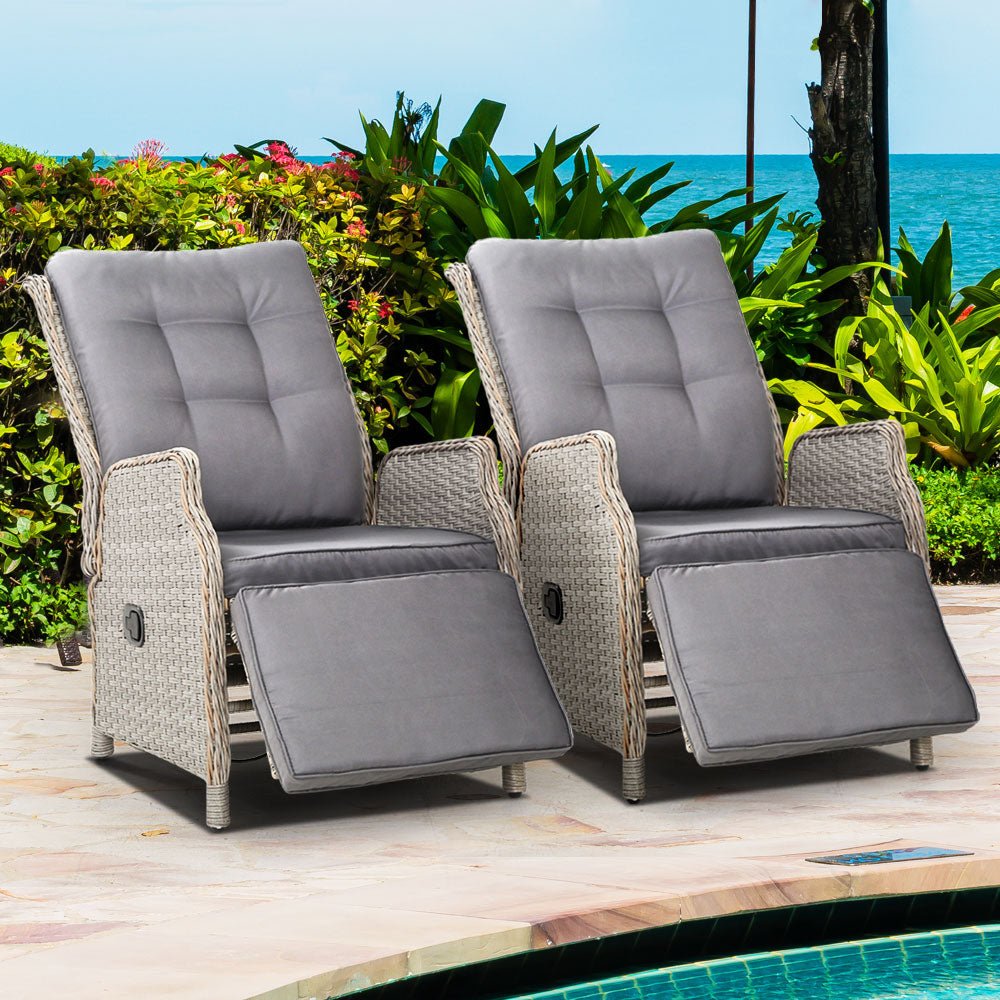 Gardeon Set of 2 Recliner Chairs Sun lounge Outdoor Furniture Setting Patio Wicker Sofa Grey - Outdoor Immersion