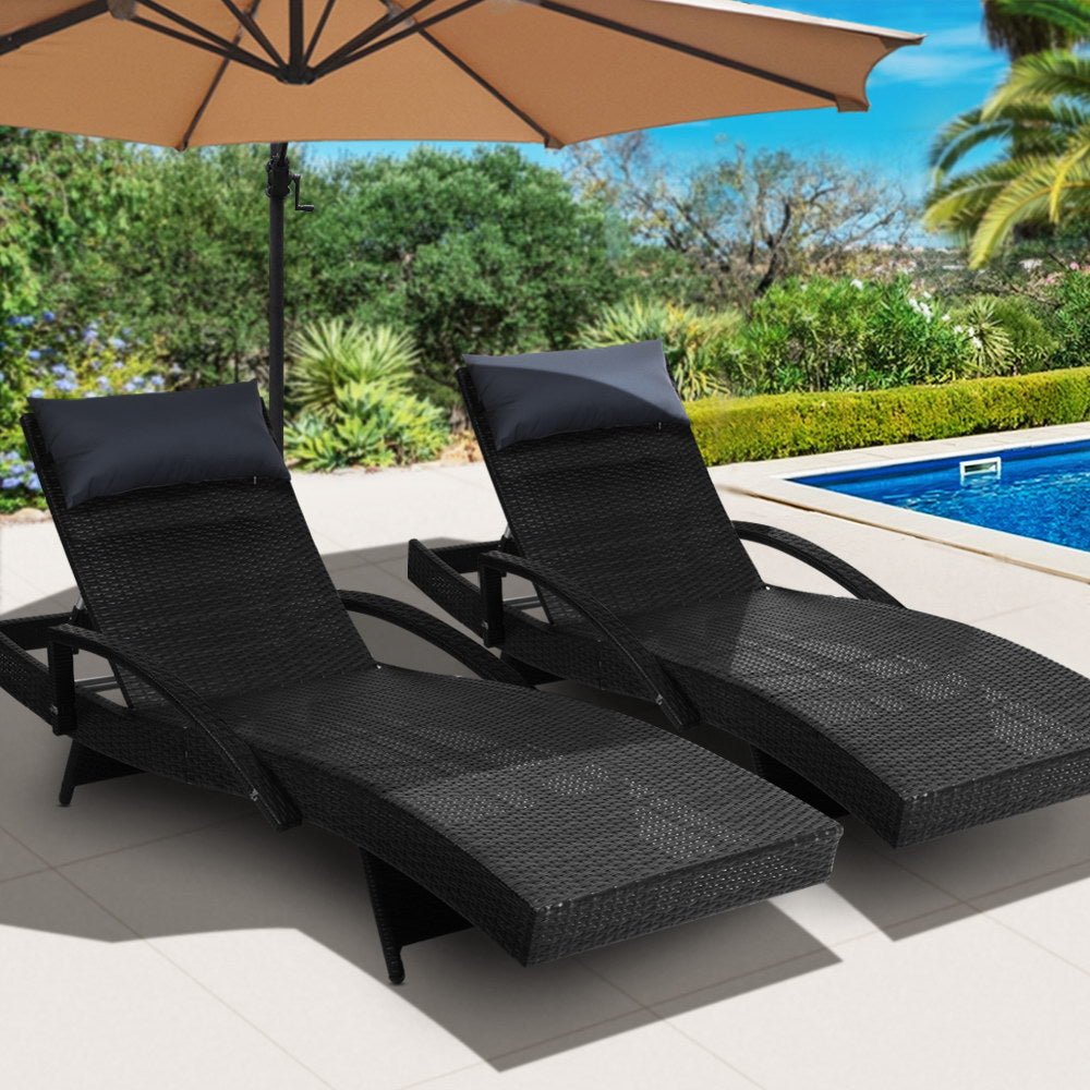 Gardeon Set of 2 Sun Lounge Outdoor Furniture Wicker Lounger Rattan Day Bed Garden Patio Black - Outdoor Immersion