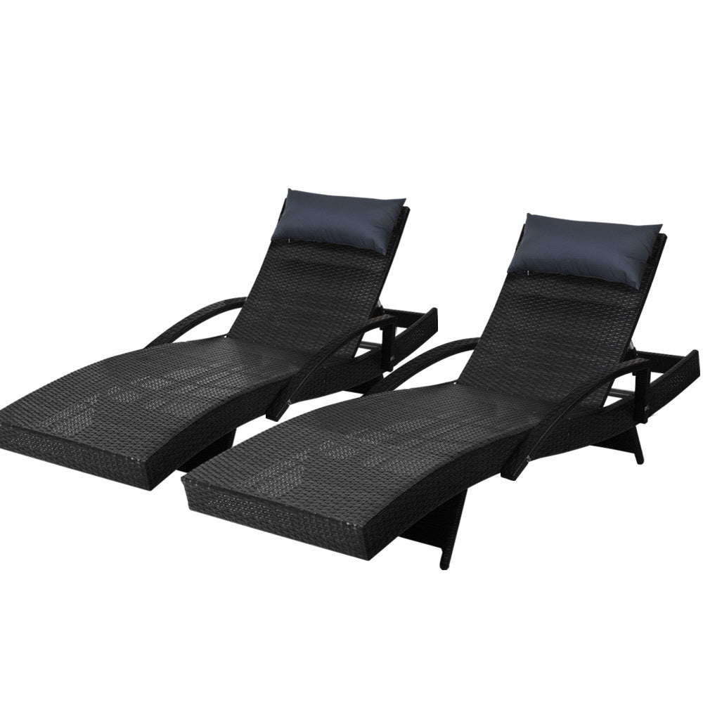 Gardeon Set of 2 Sun Lounge Outdoor Furniture Wicker Lounger Rattan Day Bed Garden Patio Black - Outdoor Immersion