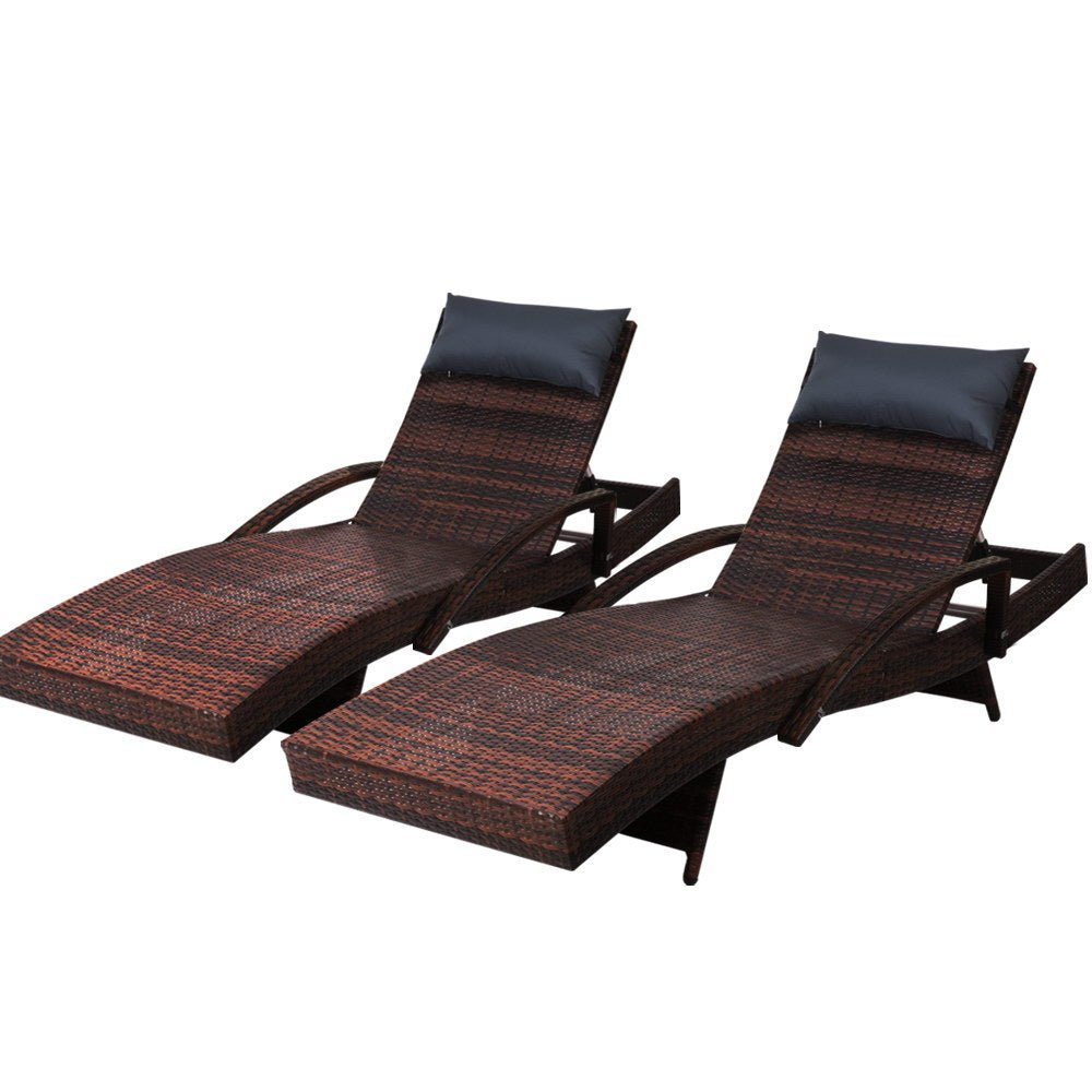 Gardeon Set of 2 Sun Lounge Outdoor Furniture Wicker Lounger Rattan Day Bed Garden Patio Brown - Outdoor Immersion