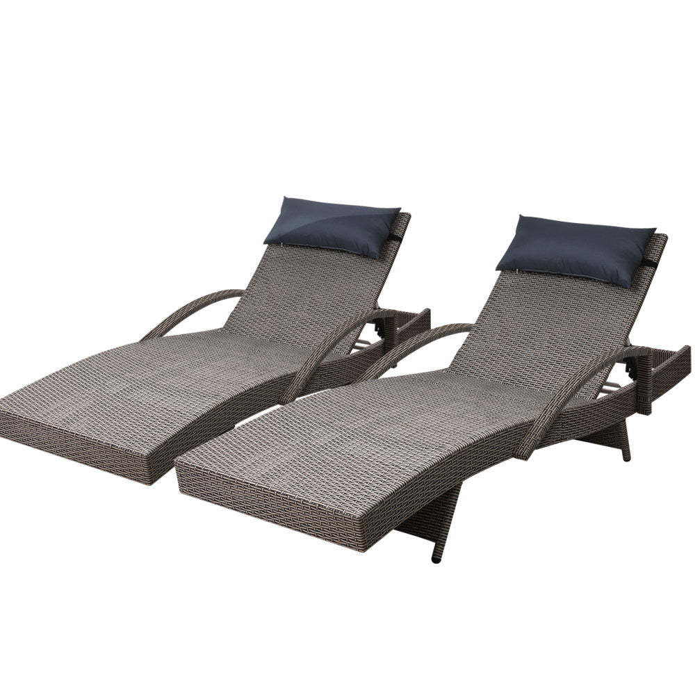 Gardeon Set of 2 Sun Lounge Outdoor Furniture Wicker Lounger Rattan Day Bed Garden Patio Grey - Outdoor Immersion