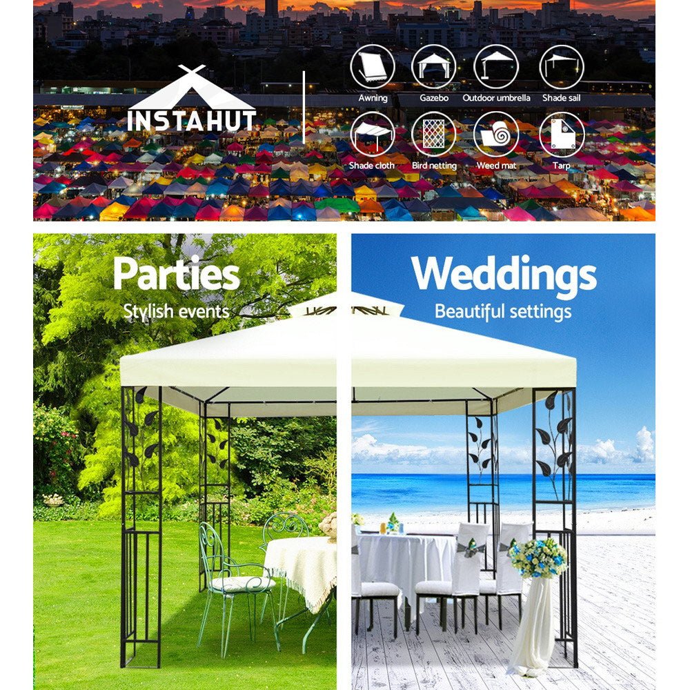 Instahut Gazebo 3x3m Party Marquee Outdoor Wedding Event Tent Iron Art Canopy White - Outdoor Immersion