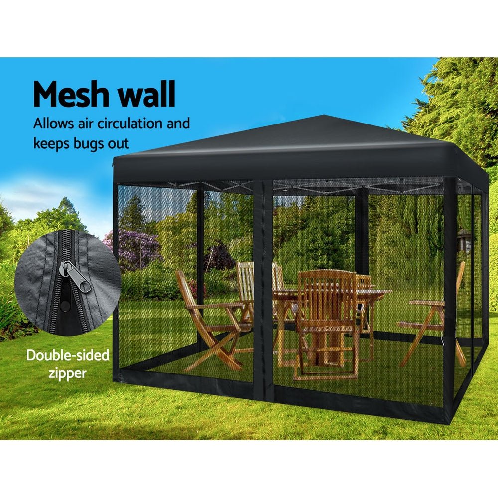 Instahut Gazebo Pop Up Marquee 3x3 Wedding Side Mesh Wall Outdoor Gazebos Black - Outdoor Immersion