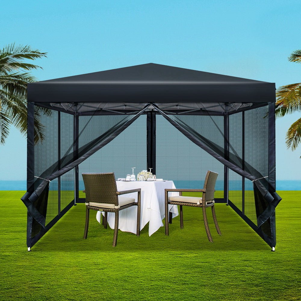 Instahut Gazebo Pop Up Marquee 3x3 Wedding Side Mesh Wall Outdoor Gazebos Black - Outdoor Immersion