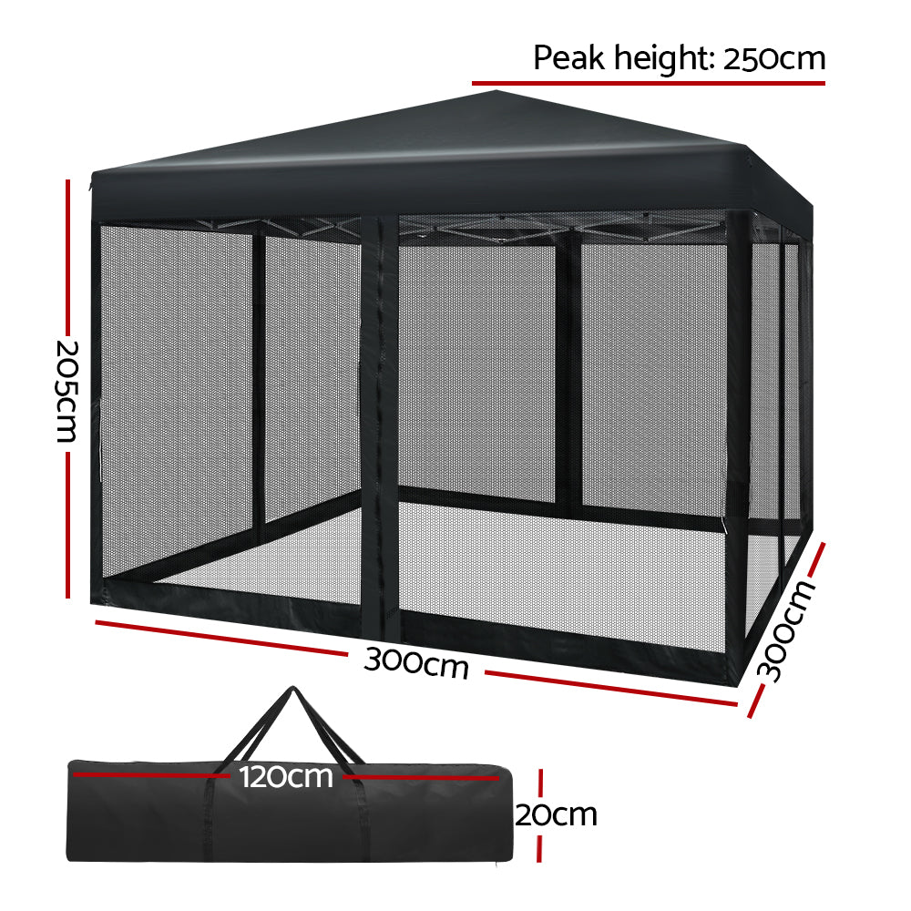 Instahut Gazebo Pop Up Marquee 3x3 Wedding Side Mesh Wall Outdoor Gazebos Black - Outdoor Immersion