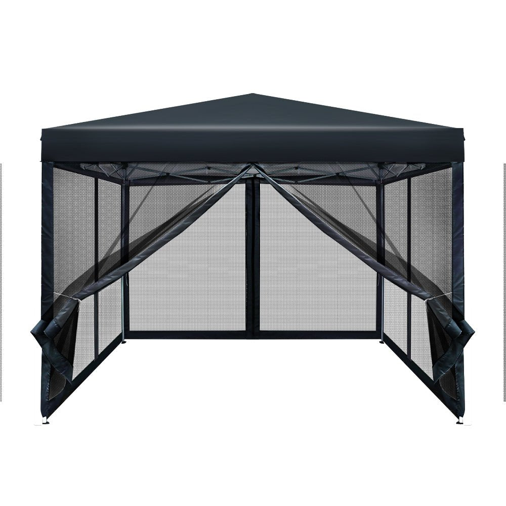 Instahut Gazebo Pop Up Marquee 3x3 Wedding Side Mesh Wall Outdoor Gazebos Black - Outdoor Immersion