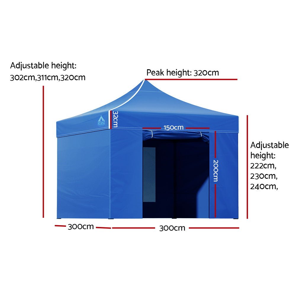 Instahut Gazebo Pop Up Marquee 3x3m Folding Wedding Tent Gazebos Shade Blue - Outdoor Immersion