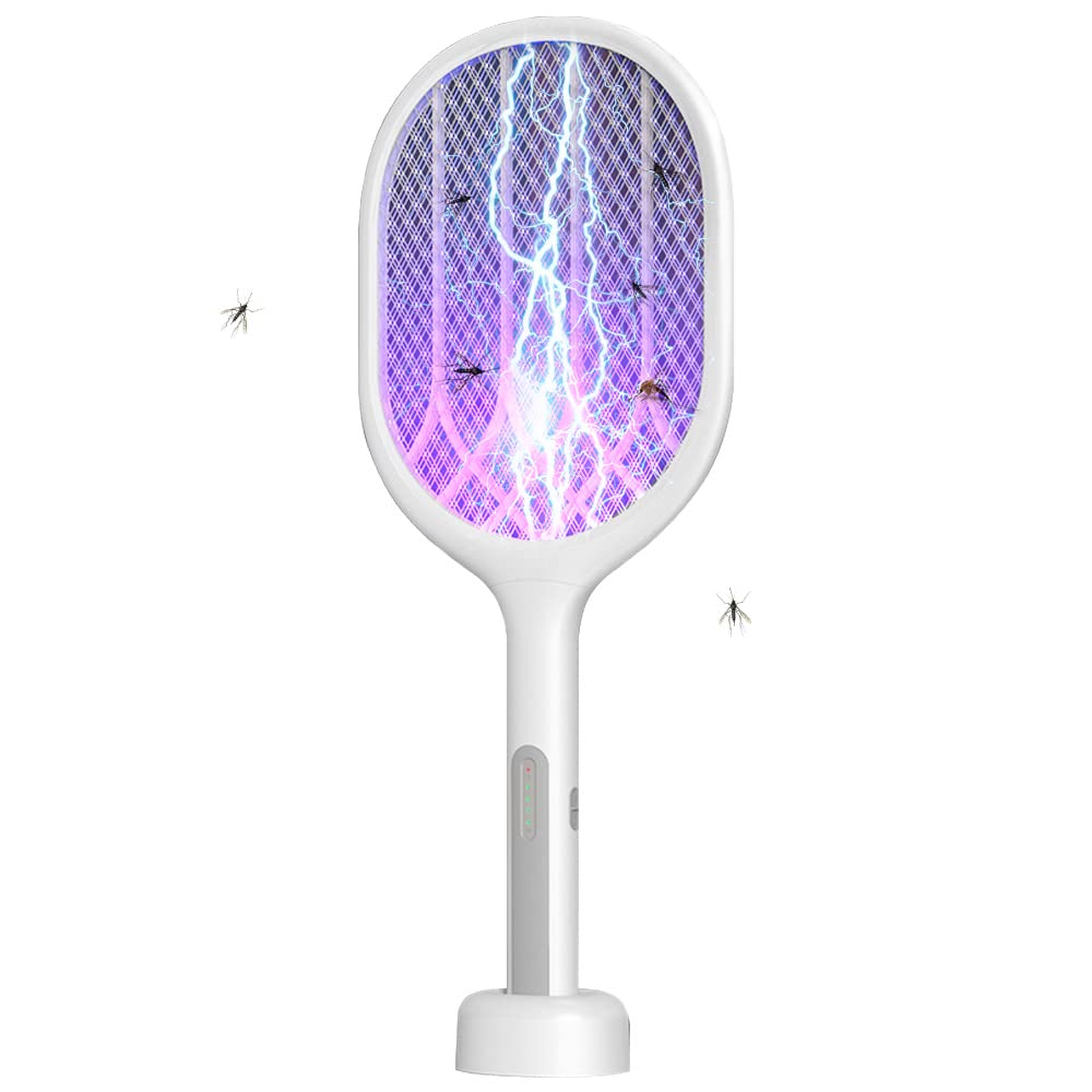 LIFEBEA Electric Fly Swatter Racket, Mosiller 2 in 1 Smart Bug Zapper with USB Rechargeable Base, 2000 mah,Powerful Mosquitoes Trap Lamp - Outdoor Immersion