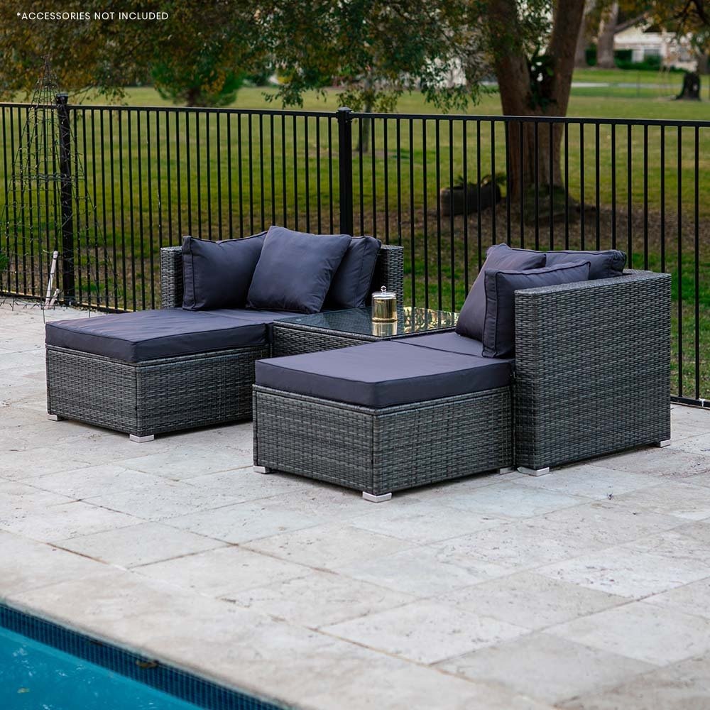LONDON RATTAN 4 Seater Modular Outdoor Lounge Setting with Coffee Table, Ottomans, Grey - Outdoor Immersion