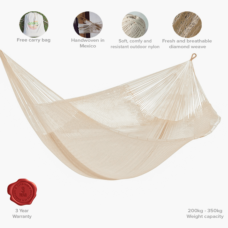 Mayan Legacy Queen Size Super Nylon Mexican Hammock in Cream Colour - Outdoor Immersion