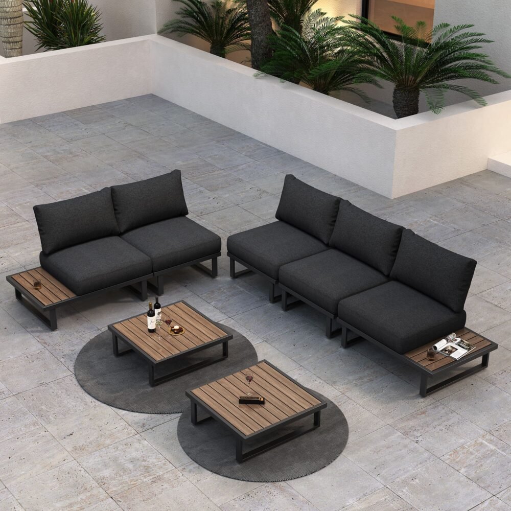 Modern Outdoor 7 Piece Lounge Set with Slatted Polywood Design Tables - Outdoor Immersion