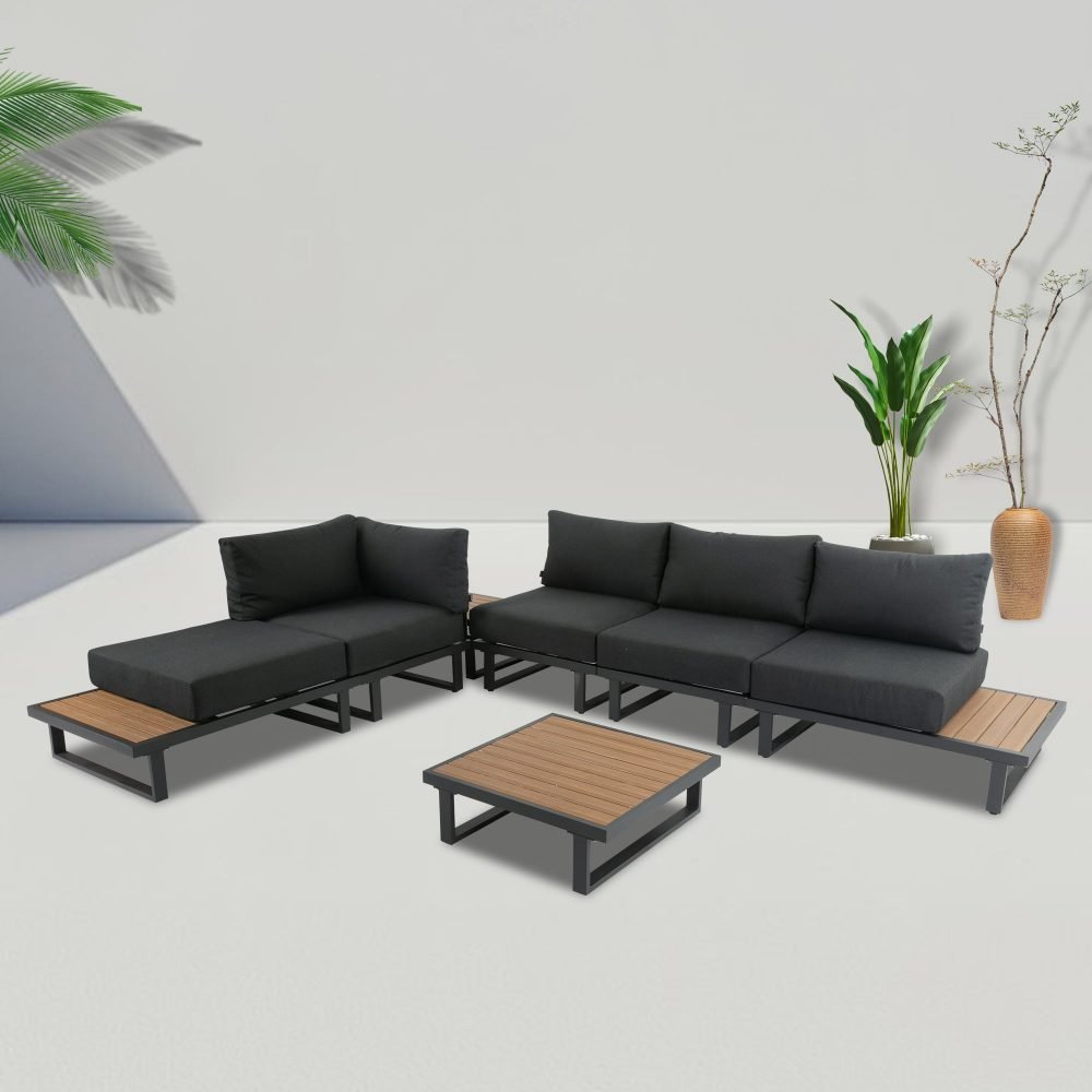 Modern Outdoor 7 Piece Lounge Set with Slatted Polywood Design Tables - Outdoor Immersion