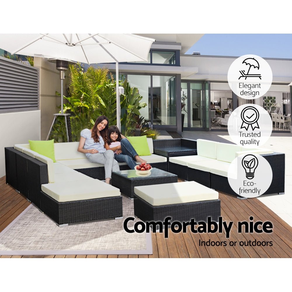 Outdoor 13 Piece Wicker Sofa Set with Glass Top Table & Storage Cover - Outdoor Immersion