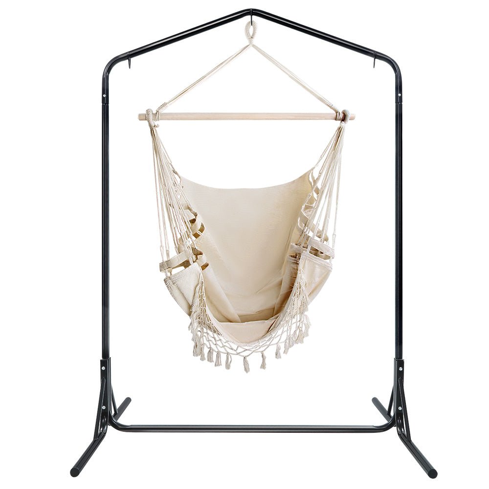 Outdoor Hanging Hammock Chair with Stand Cream & Black - Outdoor Immersion