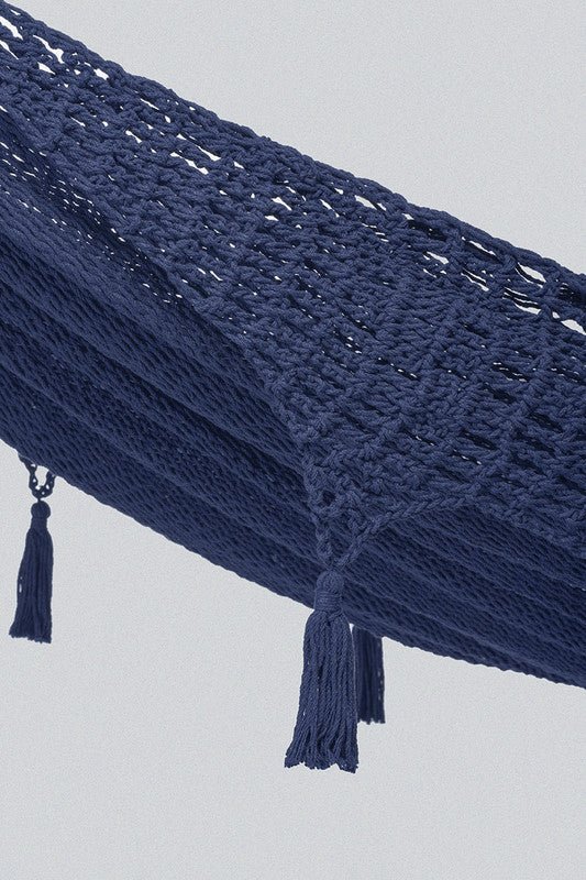Outdoor undercover cotton Mayan Legacy hammock with hand crocheted tassels King Size Blue - Outdoor Immersion