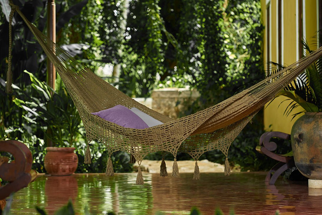 Outdoor undercover cotton Mayan Legacy hammock with hand crocheted tassels King Size Cedar - Outdoor Immersion