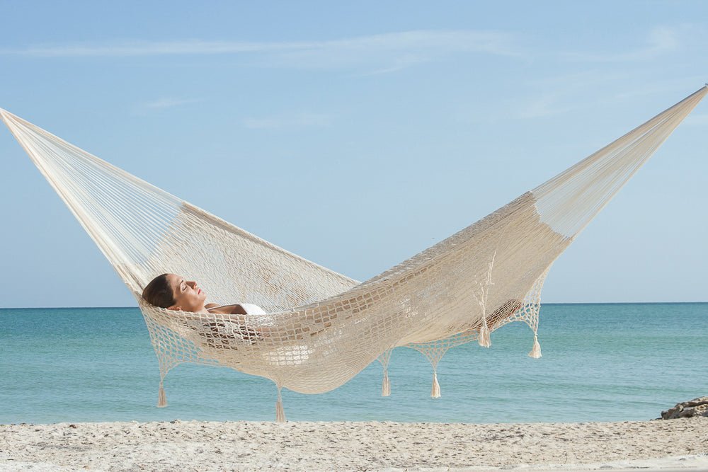 Outdoor undercover cotton Mayan Legacy hammock with hand crocheted tassels King Size Marble - Outdoor Immersion