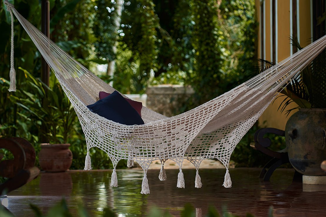 Outdoor undercover cotton Mayan Legacy hammock with hand crocheted tassels King Size Marble - Outdoor Immersion
