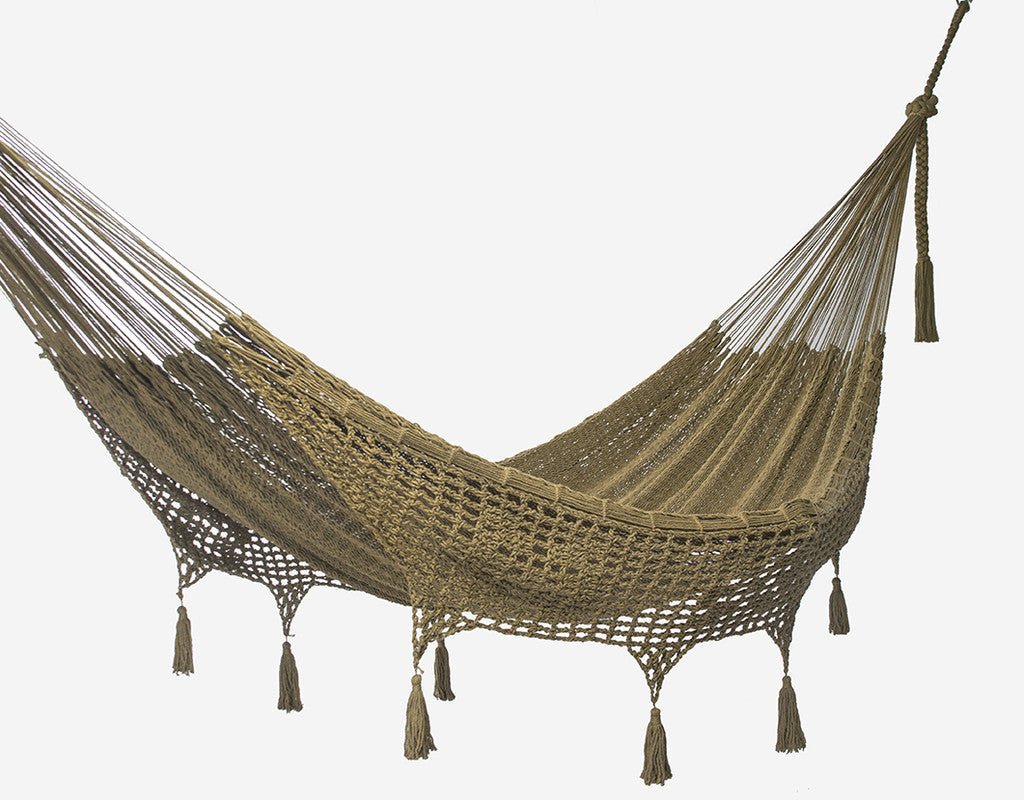 Outdoor undercover cotton Mayan Legacy hammock with hand crocheted tassels Queen Size Cedar - Outdoor Immersion