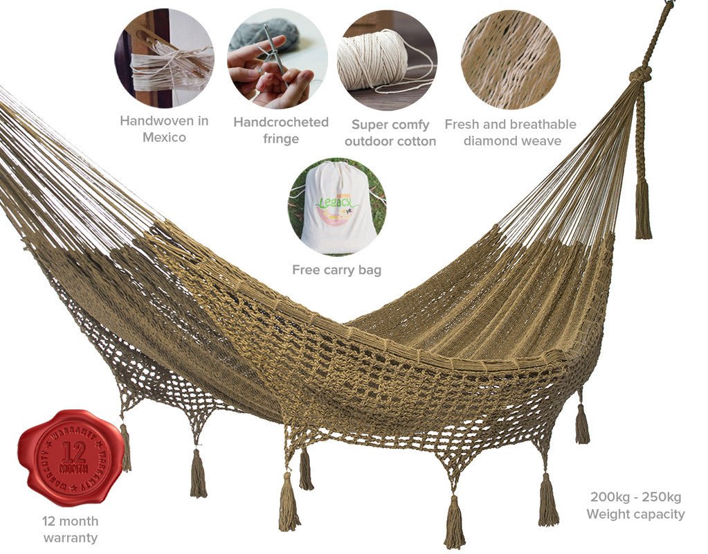 Outdoor undercover cotton Mayan Legacy hammock with hand crocheted tassels Queen Size Cedar - Outdoor Immersion