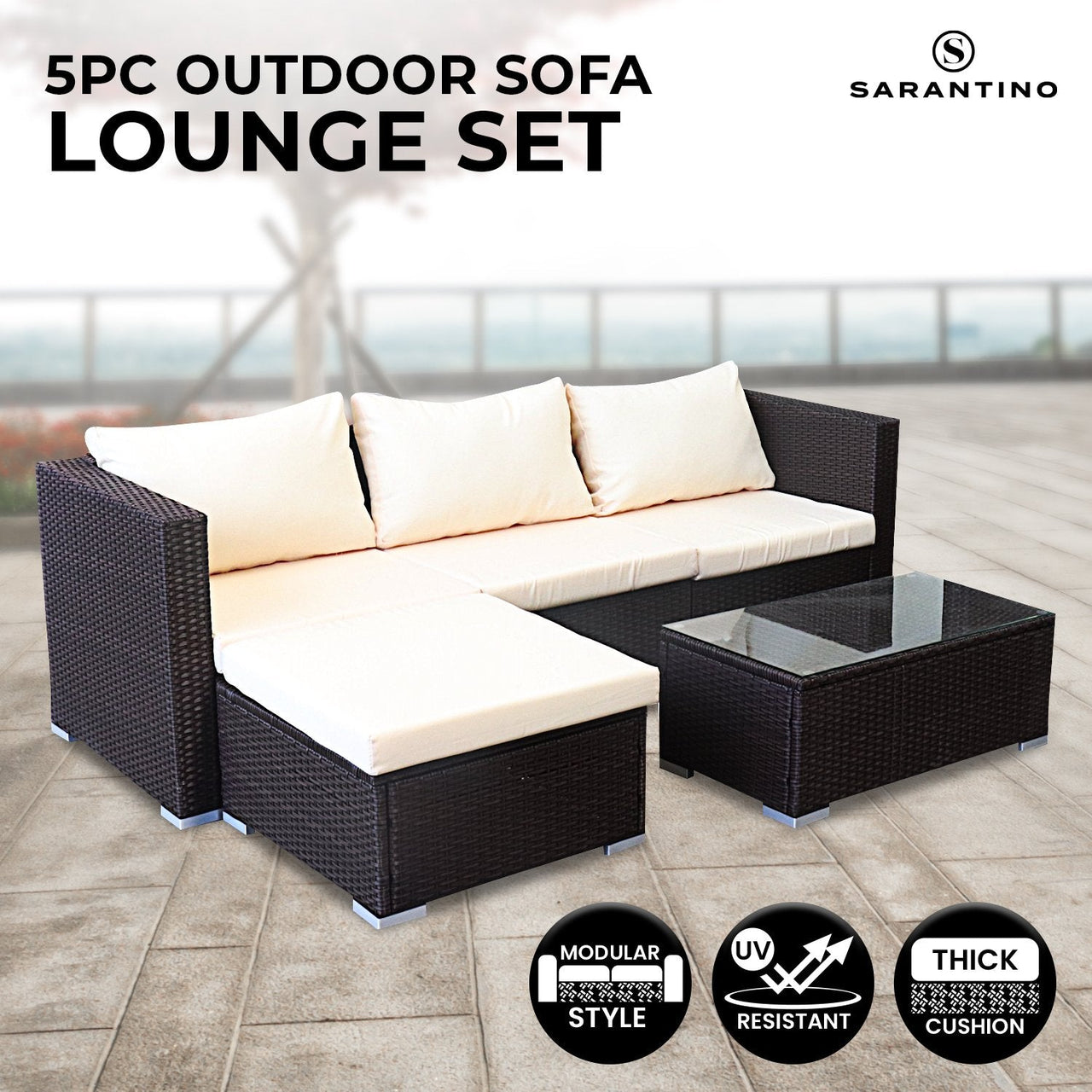 Sarantino 5pc Modular Outdoor Lounge Set PE Rattan - Brown - Outdoor Immersion