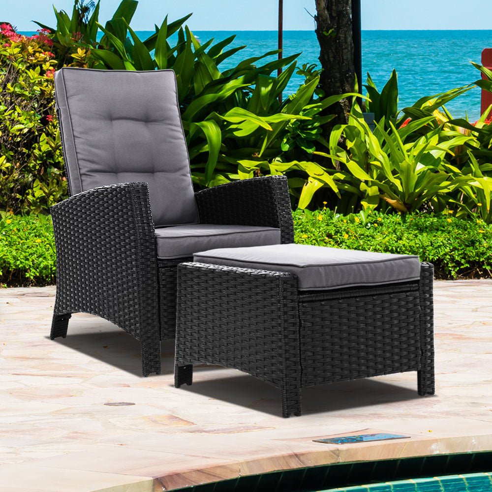 Sun lounge Recliner Chair Wicker Lounger Sofa Day Bed Outdoor Furniture Patio Garden Cushion Ottoman Black Gardeon - Outdoor Immersion