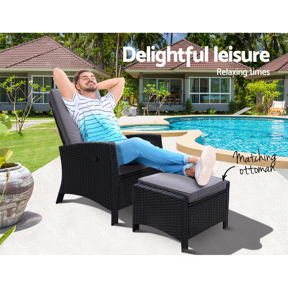 Sun lounge Recliner Chair Wicker Lounger Sofa Day Bed Outdoor Furniture Patio Garden Cushion Ottoman Black Gardeon - Outdoor Immersion