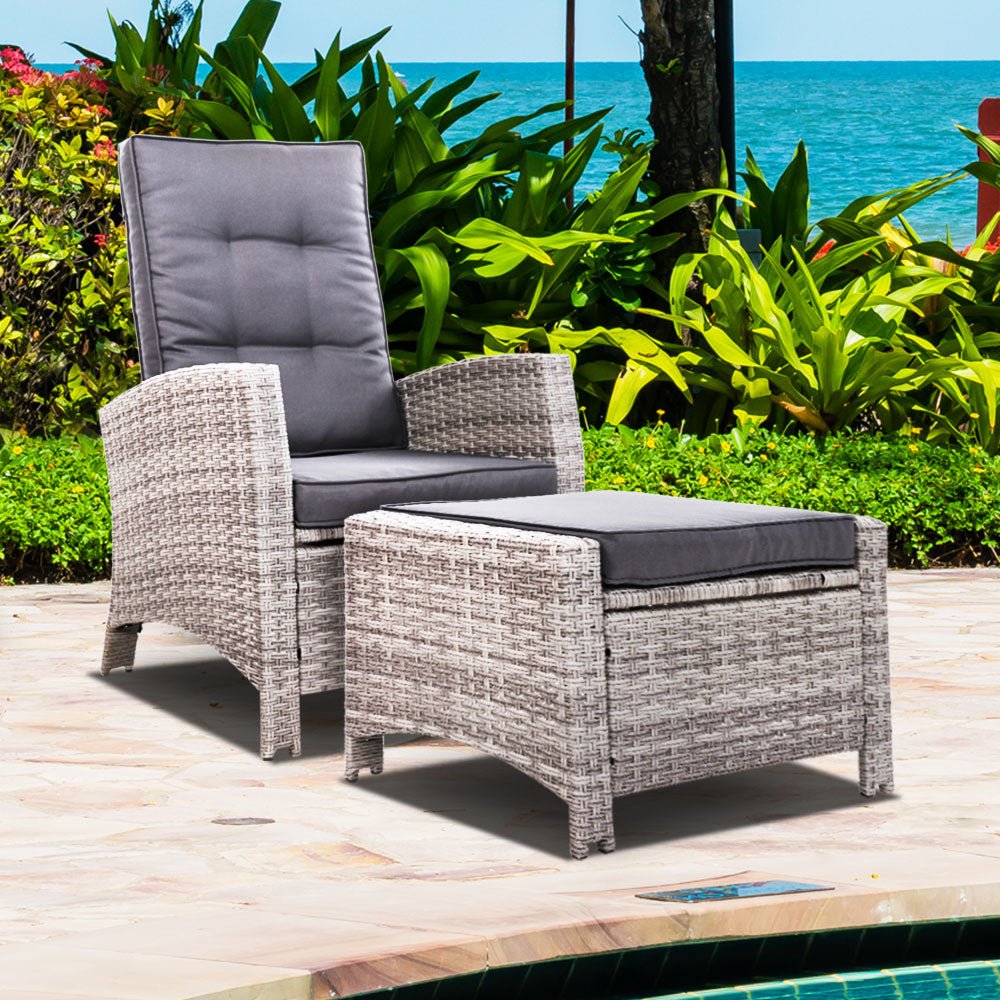 Sun lounge Recliner Chair Wicker Lounger Sofa Day Bed Outdoor Furniture Patio Garden Cushion Ottoman Grey Gardeon - Outdoor Immersion