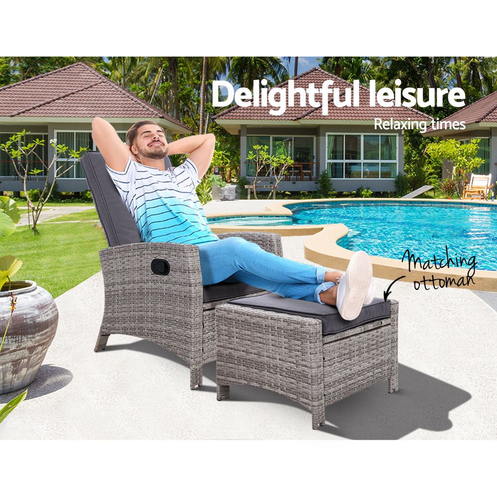 Sun lounge Recliner Chair Wicker Lounger Sofa Day Bed Outdoor Furniture Patio Garden Cushion Ottoman Grey Gardeon - Outdoor Immersion